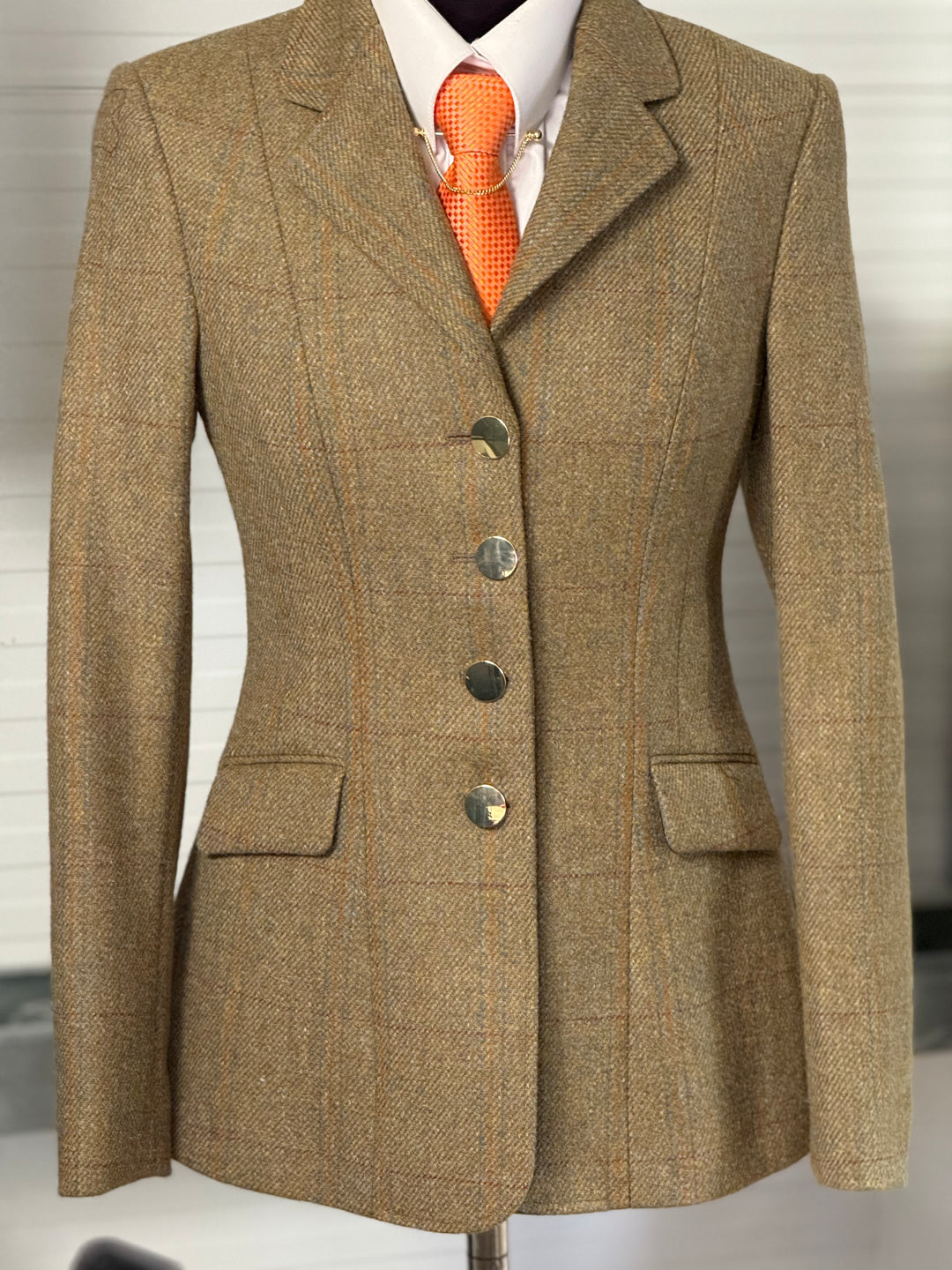 IN STOCK: GREEN TWEED WITH ORANGE & BLUE OVERCHECK