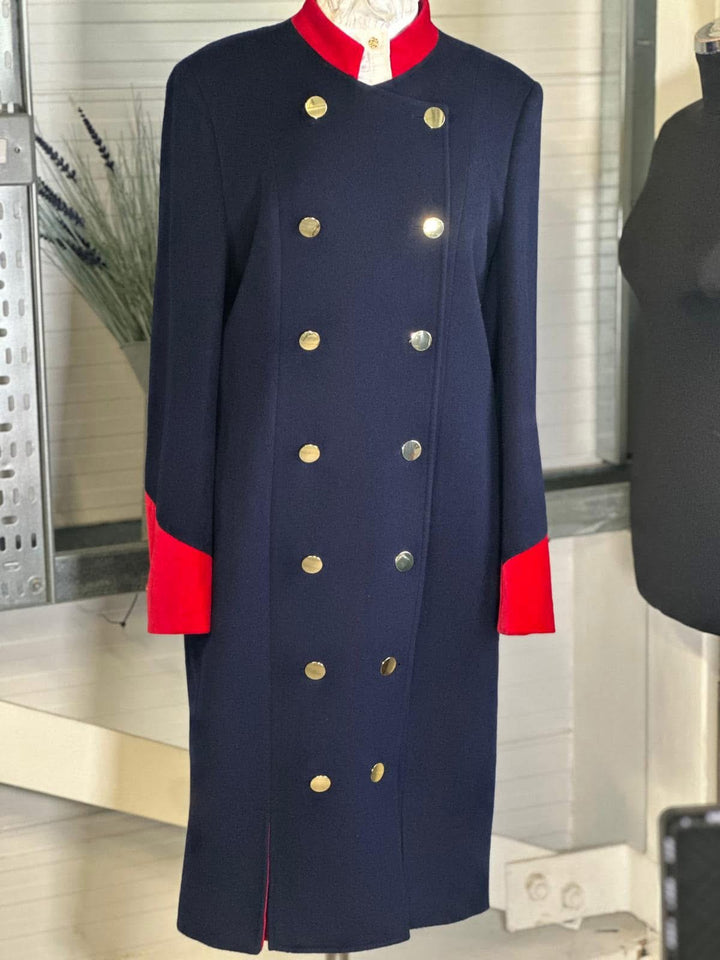 Ladies Wool Navy Dresscoat with Red Velvet Collar