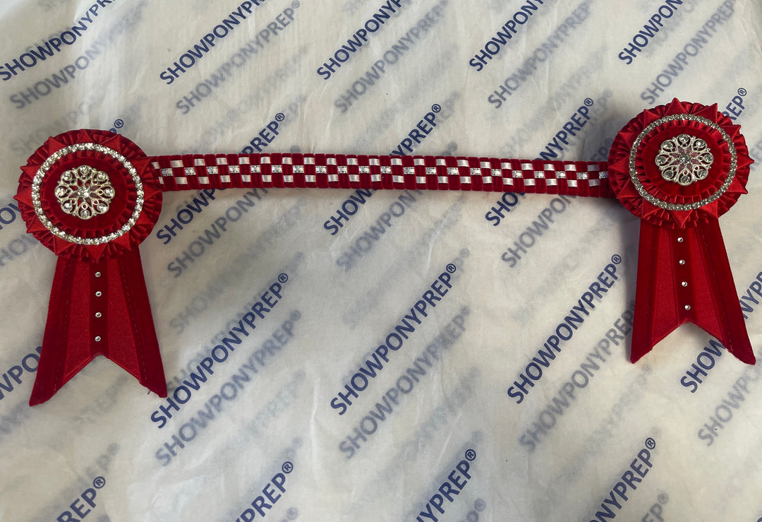 13.5" Red & White Browband with Red Rosette Browband