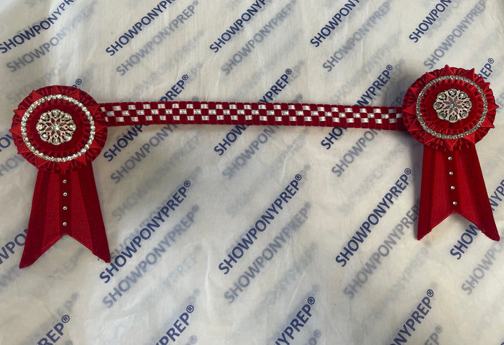 13.5" Red & White Browband with Red Rosette Browband