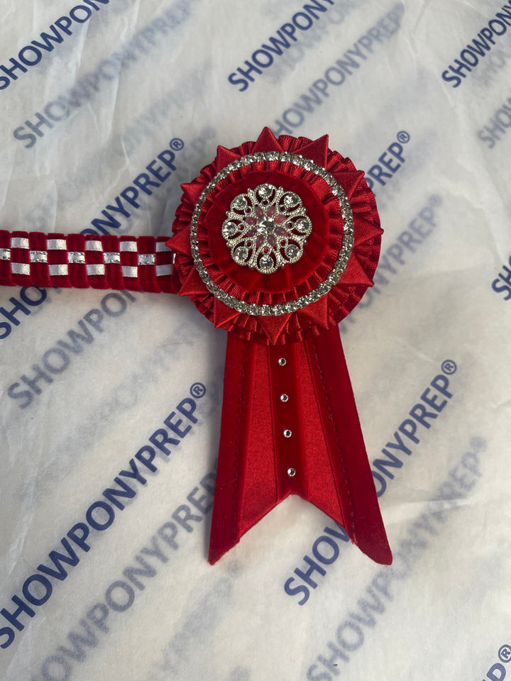13.5" Red & White Browband with Red Rosette Browband
