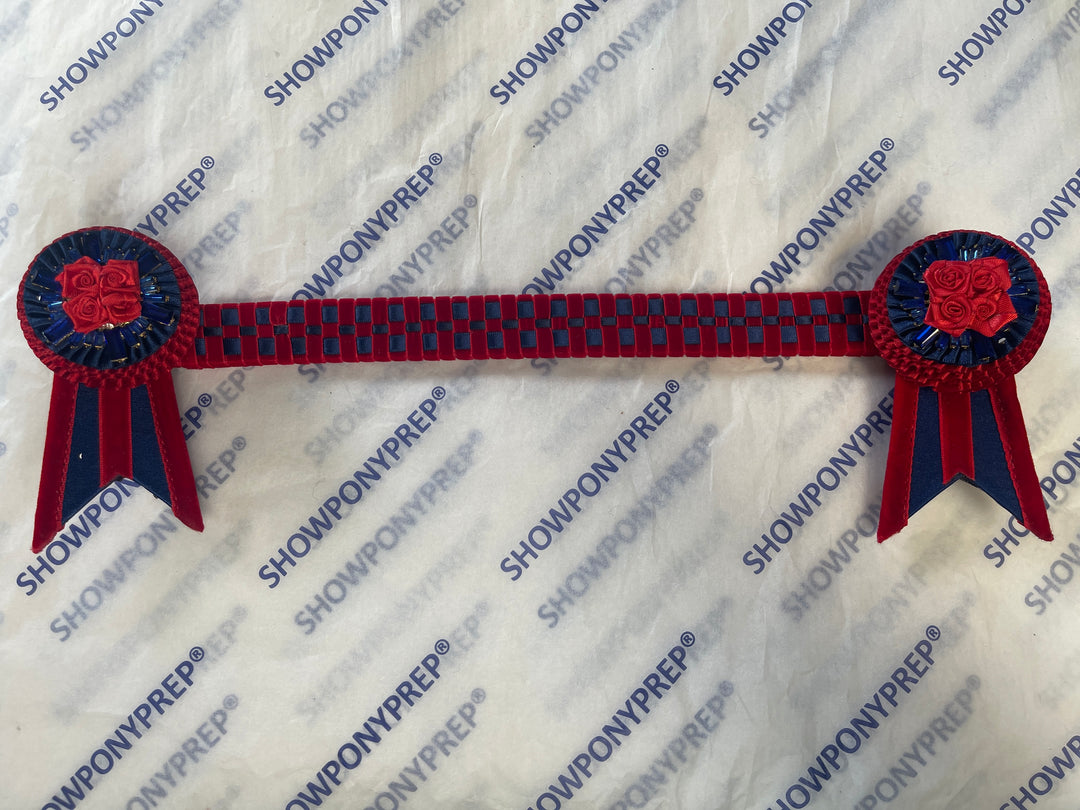 14” Red & Navy Browband with Navy Gems on Rosette