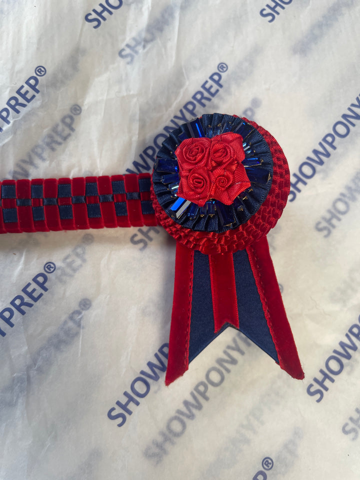 14” Red & Navy Browband with Navy Gems on Rosette