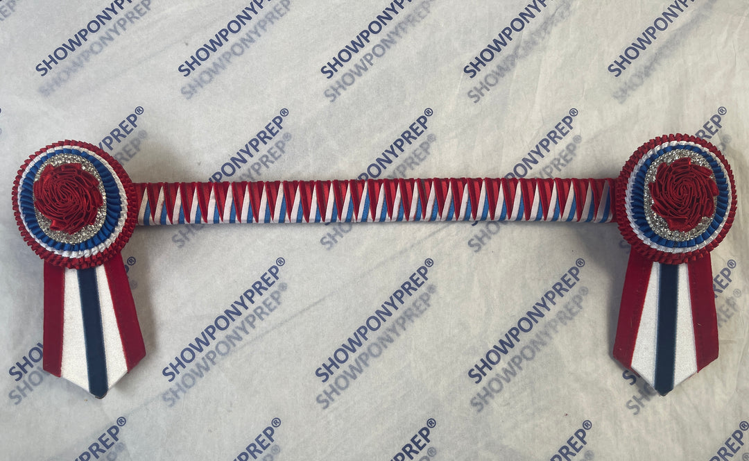 15.5" Red, Blue & White Browband with Oval Rosette