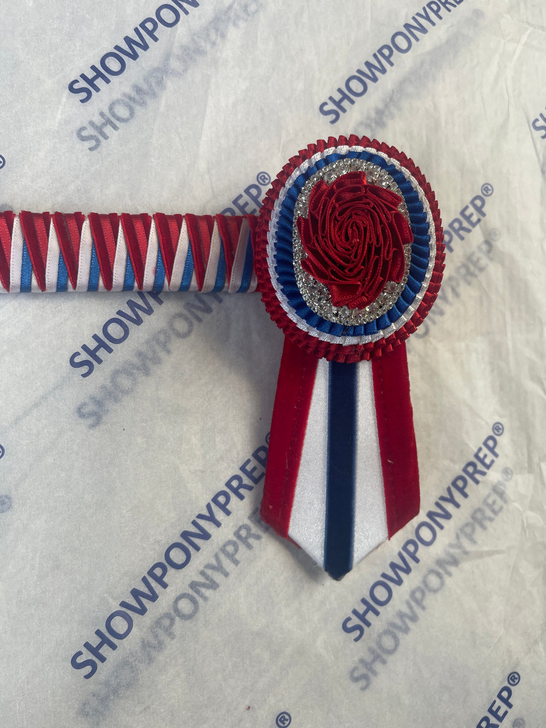 15.5" Red, Blue & White Browband with Oval Rosette