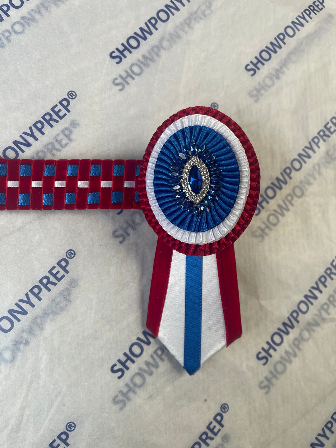 15.5" Red, Navy & White Browband with Oval Rosette