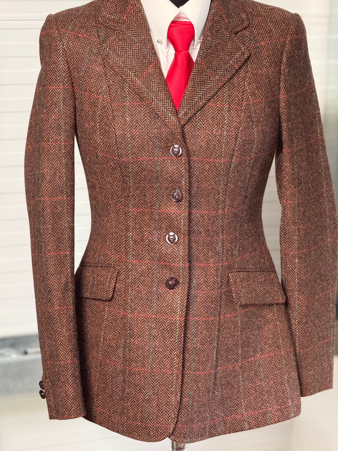IN STOCK: DARK BROWN PRINCESS CUT TWEED WITH RED & BLUE OVERCHECK