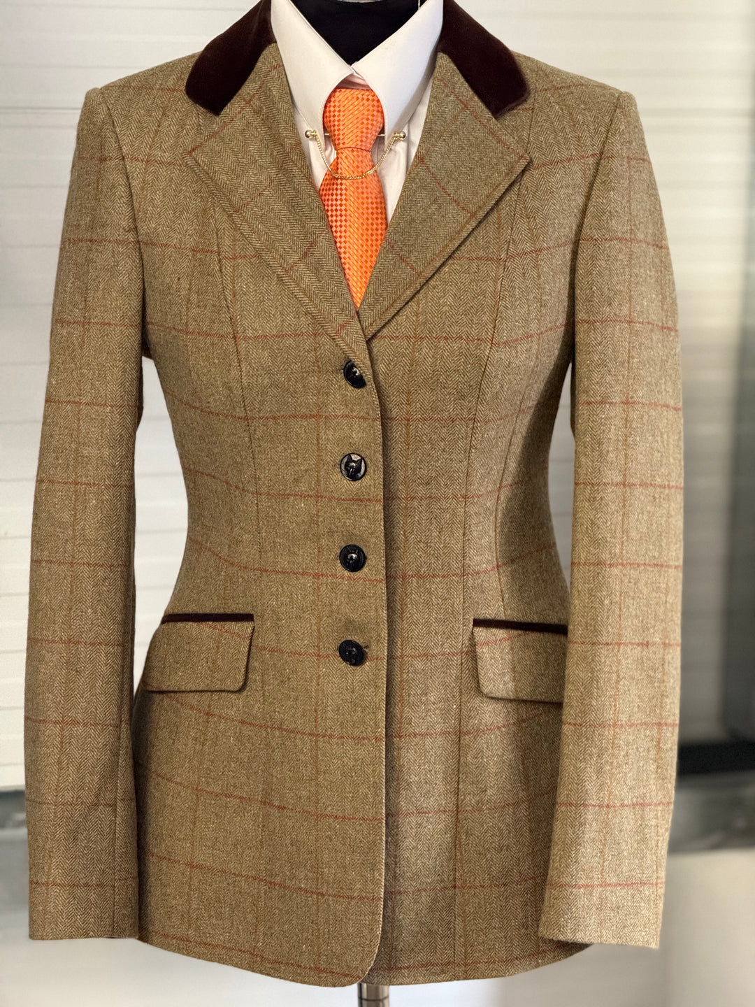 IN STOCK: PRINCESS CUT TWEED GREEN WITH RED & ORANGE OVERCHECK