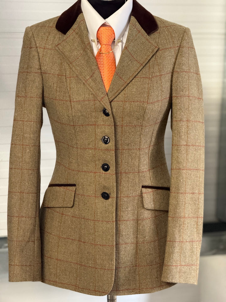 IN STOCK: PRINCESS CUT TWEED GREEN WITH RED & ORANGE OVERCHECK