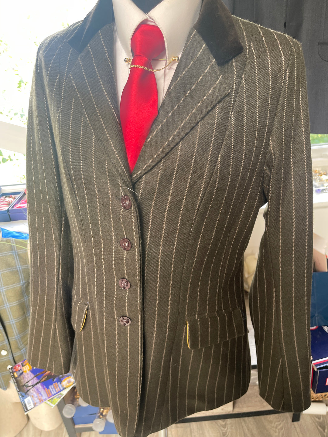 SALE: FOREST GREEN WITH PALE GREEN STRIPE WITH FOXHEAD BUTTONS