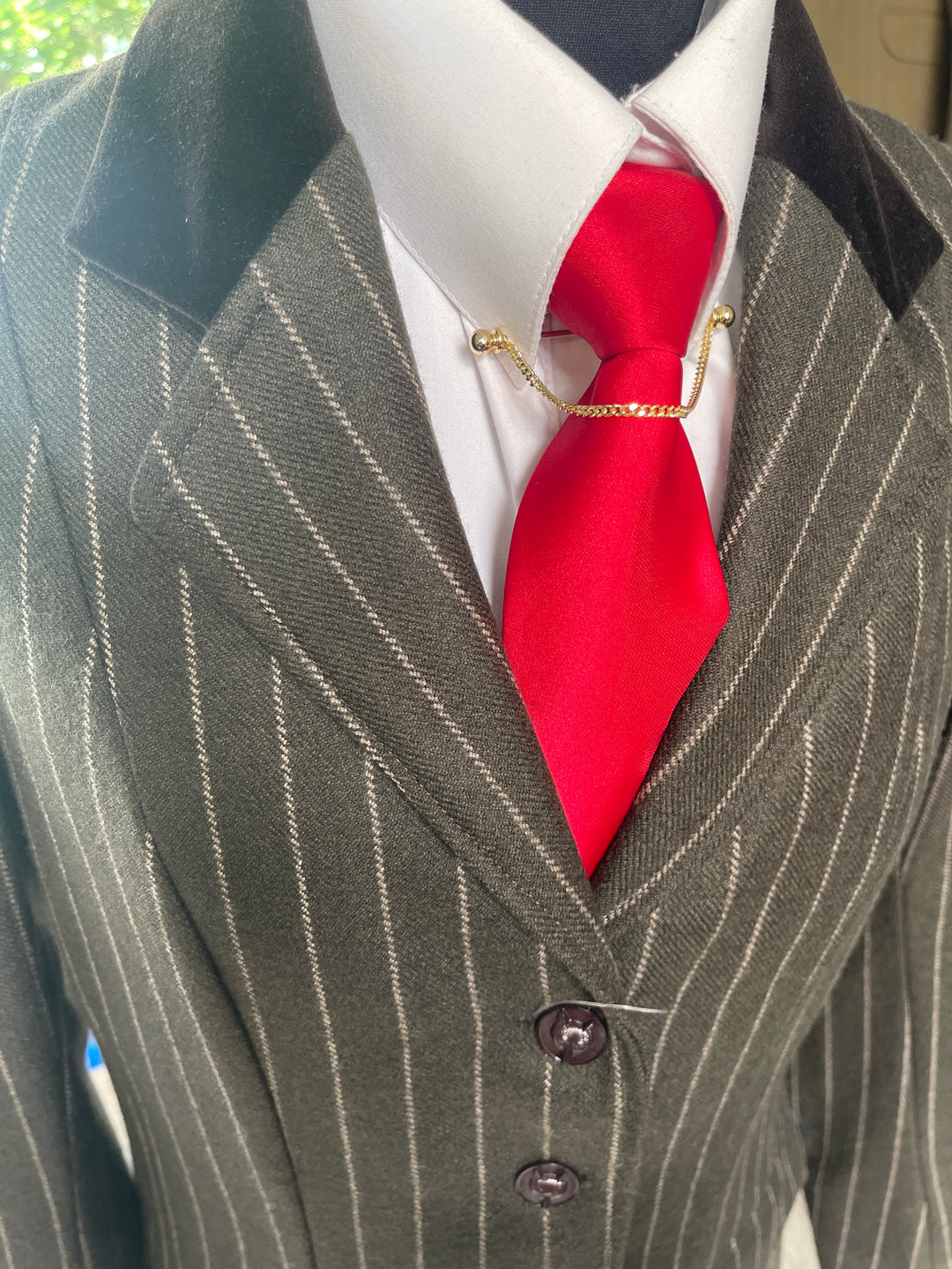 SALE: FOREST GREEN WITH PALE GREEN STRIPE WITH FOXHEAD BUTTONS