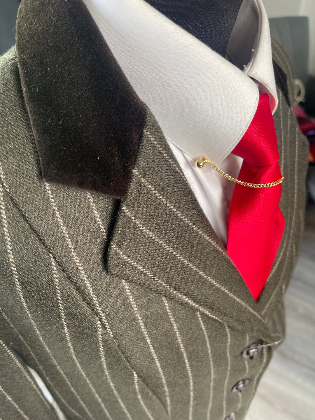 SALE: FOREST GREEN WITH PALE GREEN STRIPE WITH FOXHEAD BUTTONS