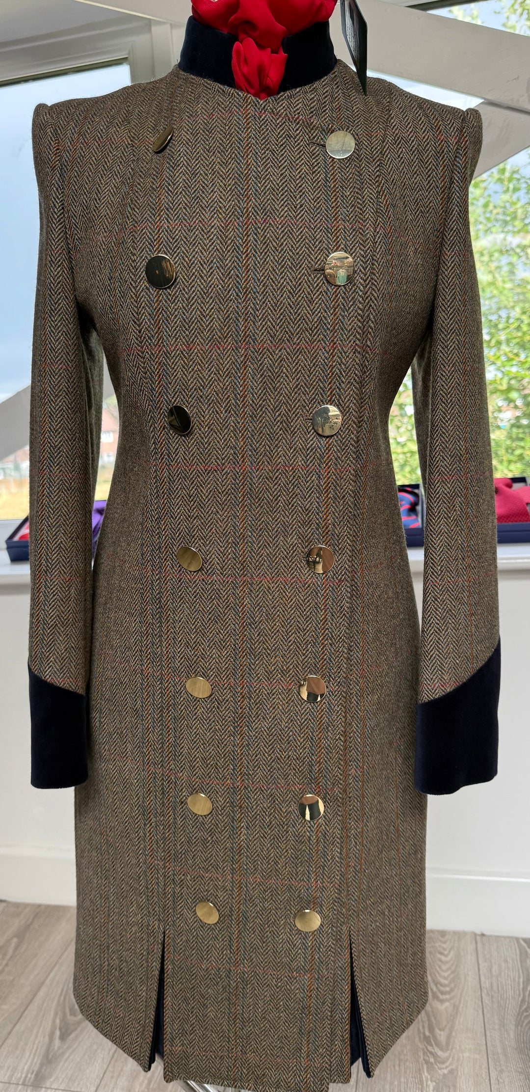 LADIES TWEED DRESS COAT GOLD BUTTONS AND VELVET