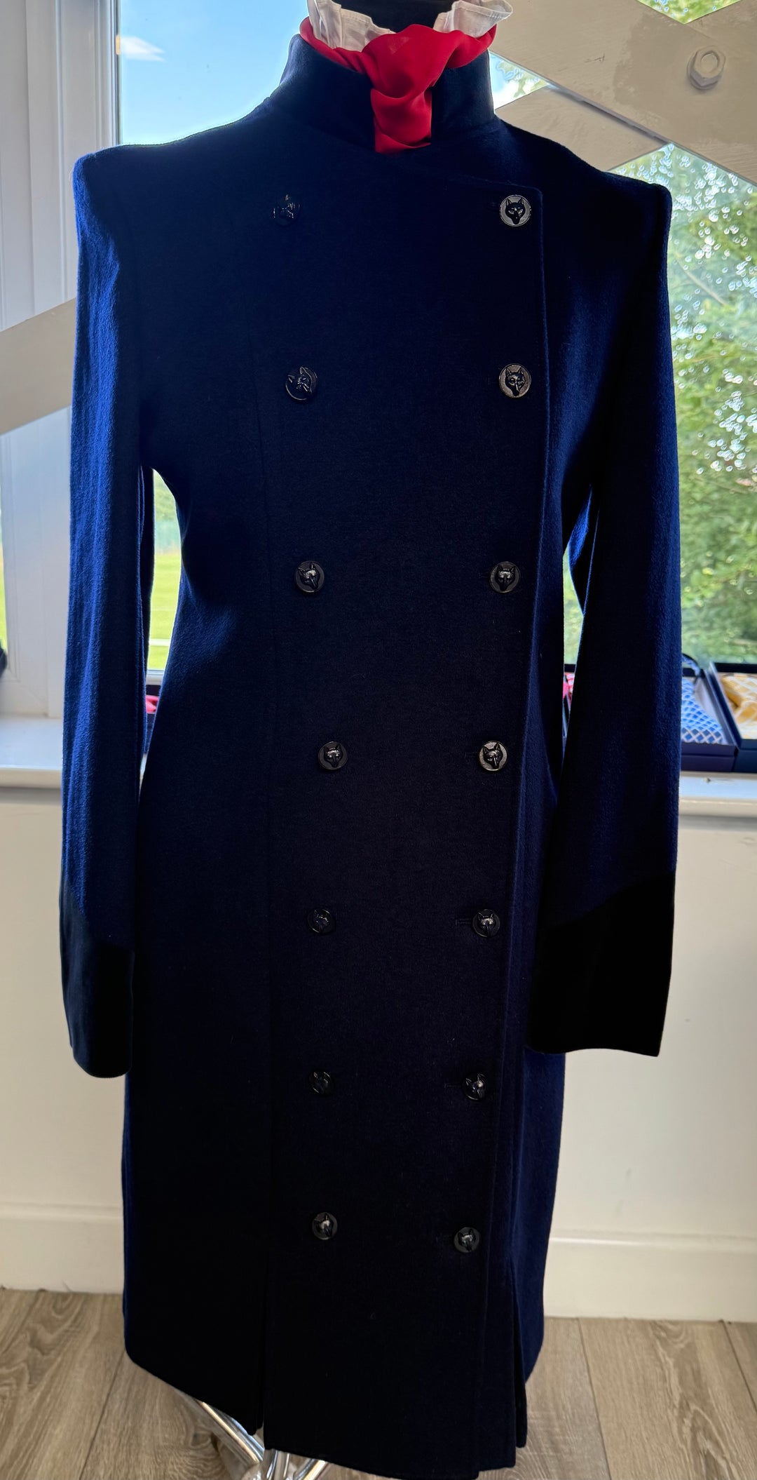 LADIES SOFT NAVY DRESS COAT FOX HEAD BUTTONS