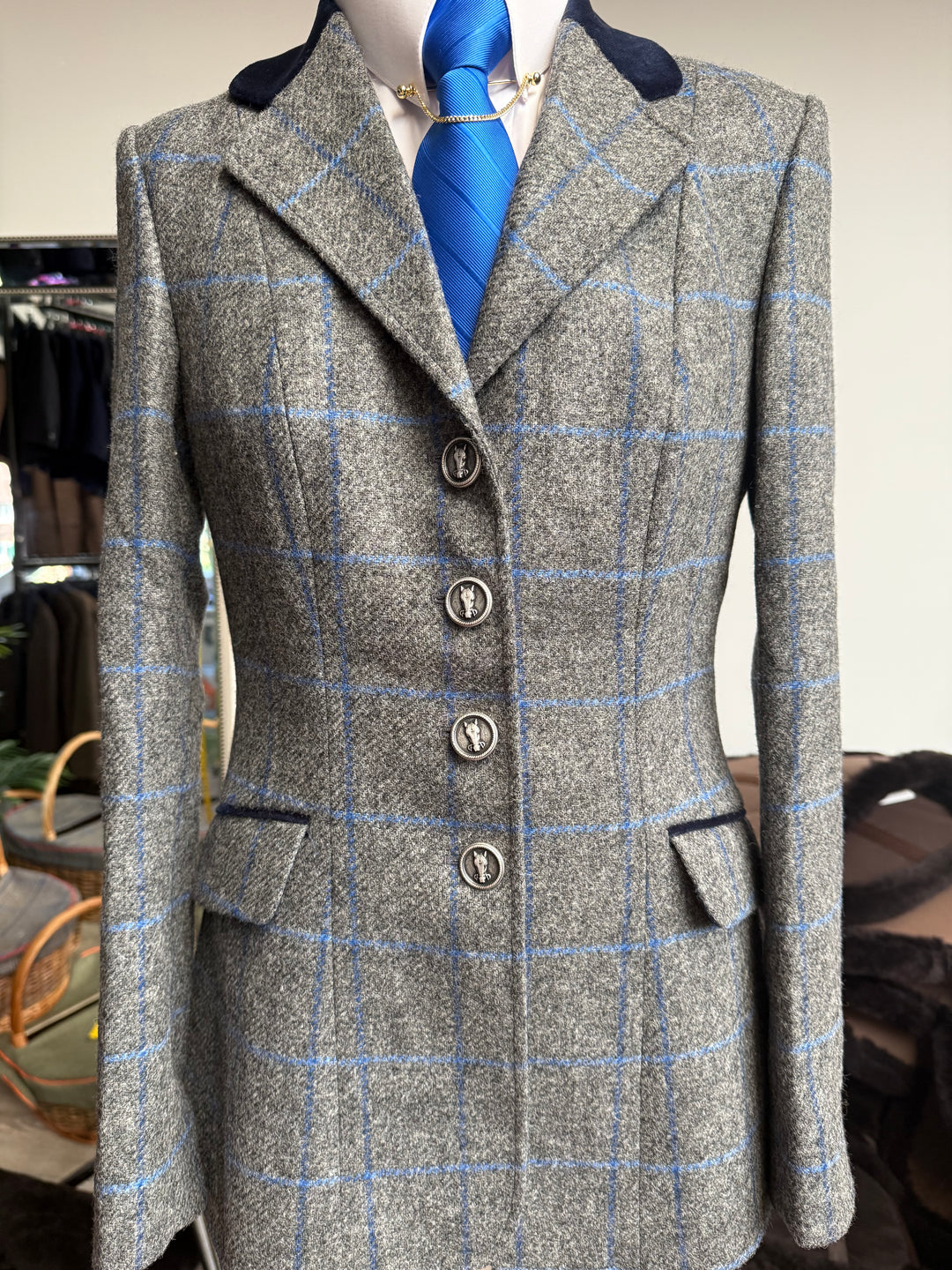 IN STOCK: Grey with Blue Check & Silver Horse Head Buttons 36"