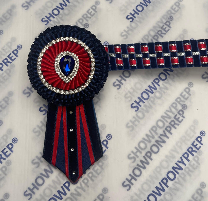 14" Navy, Red and silver Chequerboard Browband