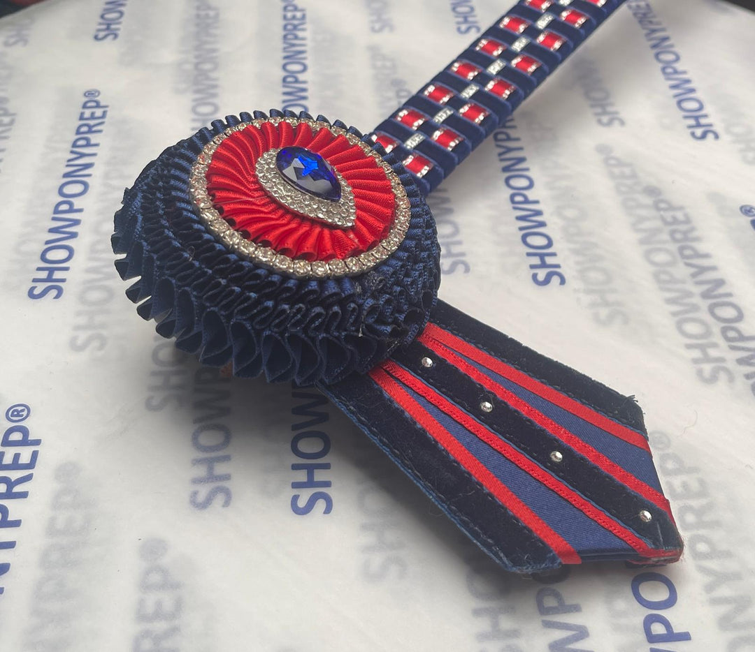 14" Navy, Red and silver Chequerboard Browband