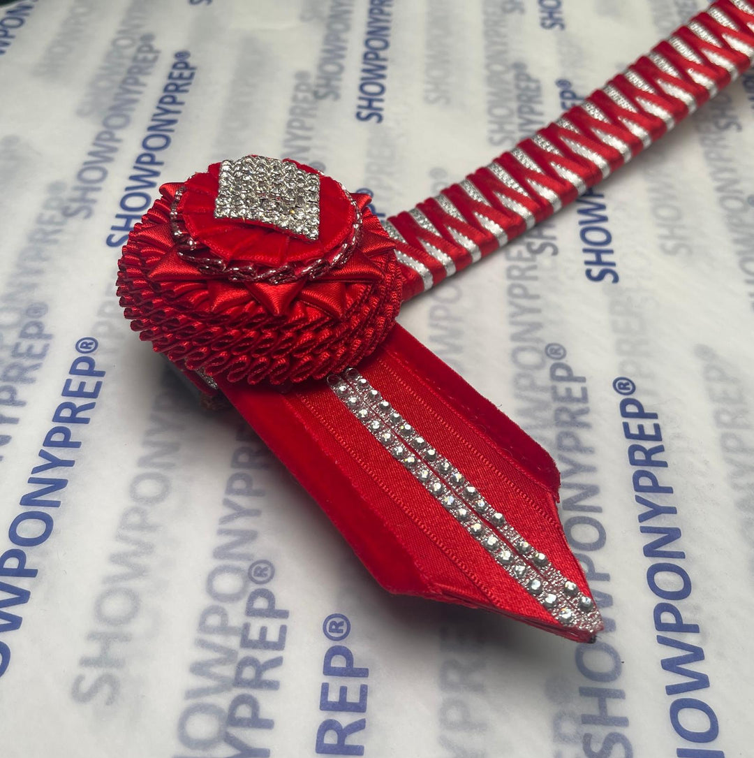 17" Red, white and silver Intricate design Browband