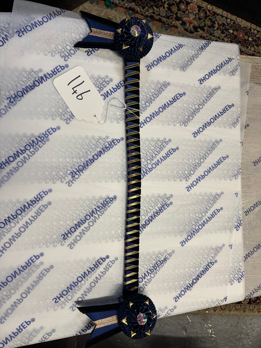 Lot 146- Navy & Gold ex full size browband - 17.5"