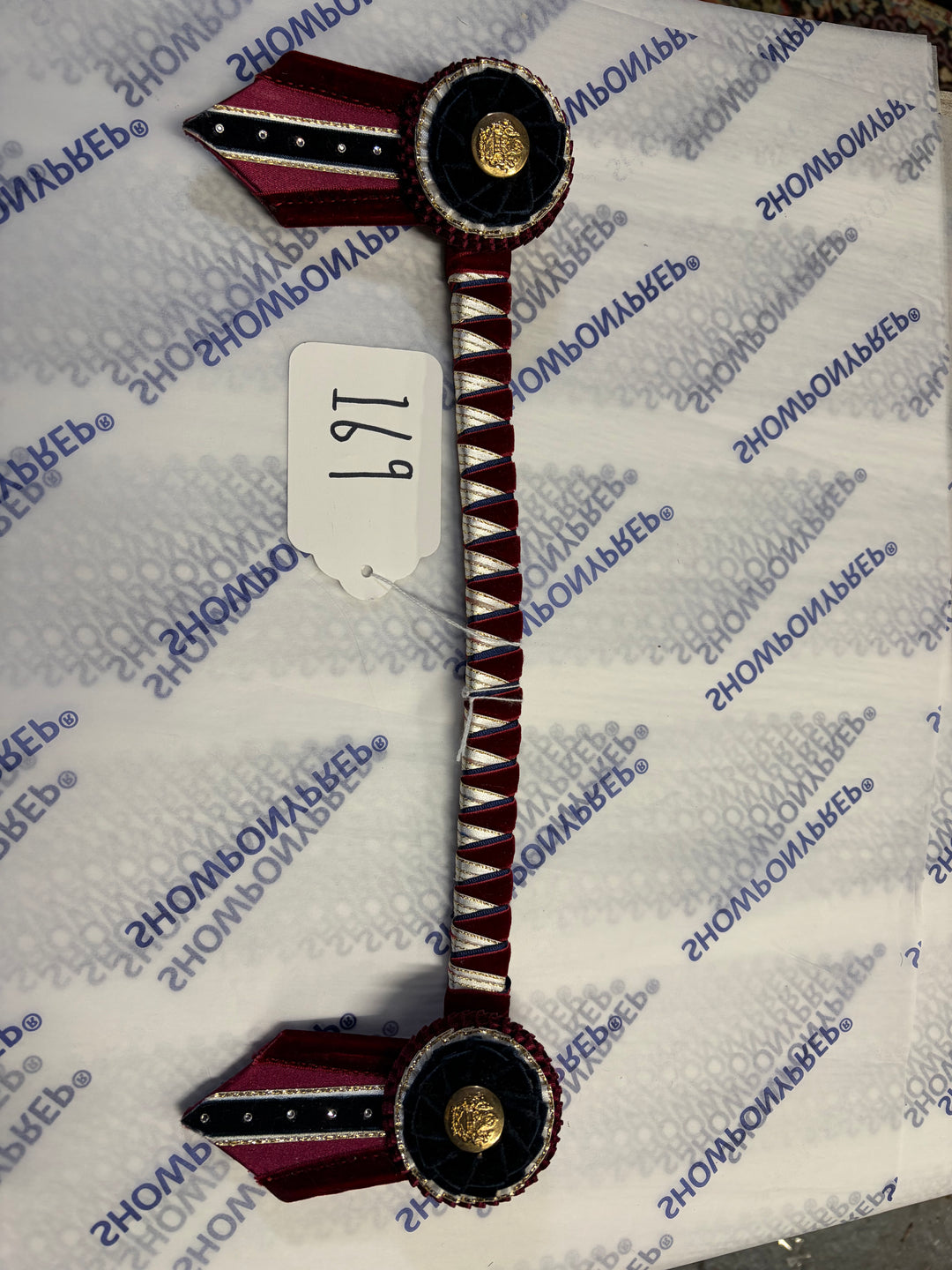 Lot 169 - Burghundy, Navy, cream & Gold show pony browband- 13.5"