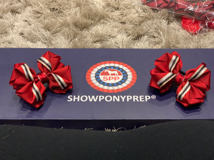 Luxury Bows: Deep red grosgrain twist style bows with white/navy/gold detailing