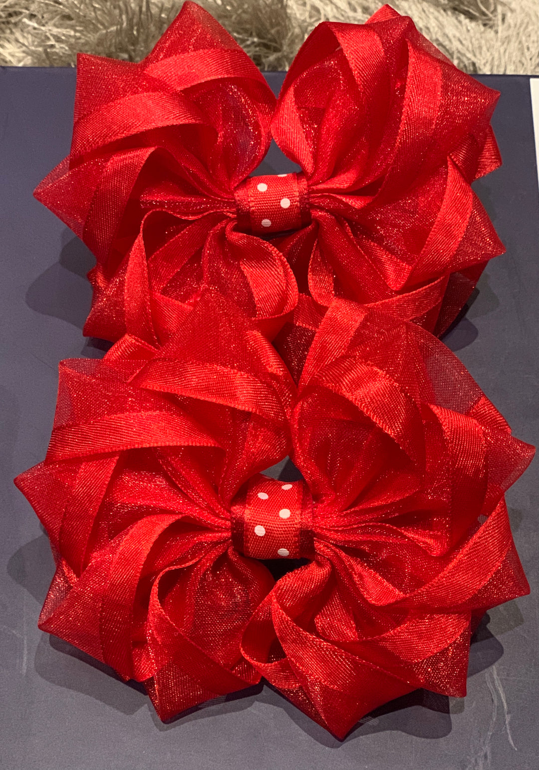 Luxury Bows: Plain red organza flower frill bows with polka dots