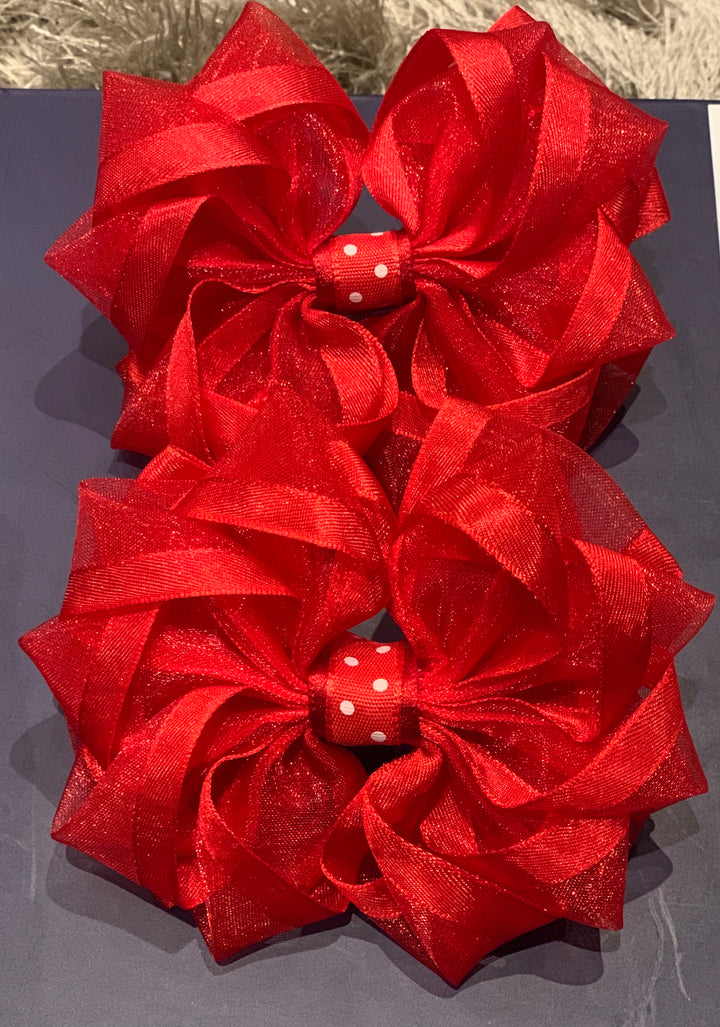 Luxury Bows: Plain red organza flower frill bows with polka dots