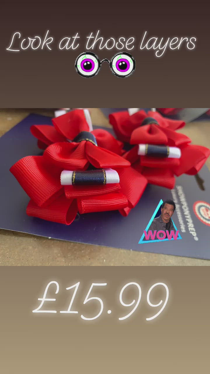 Rich red, Navy, white edged in gold - layered 3” bows (no tails)